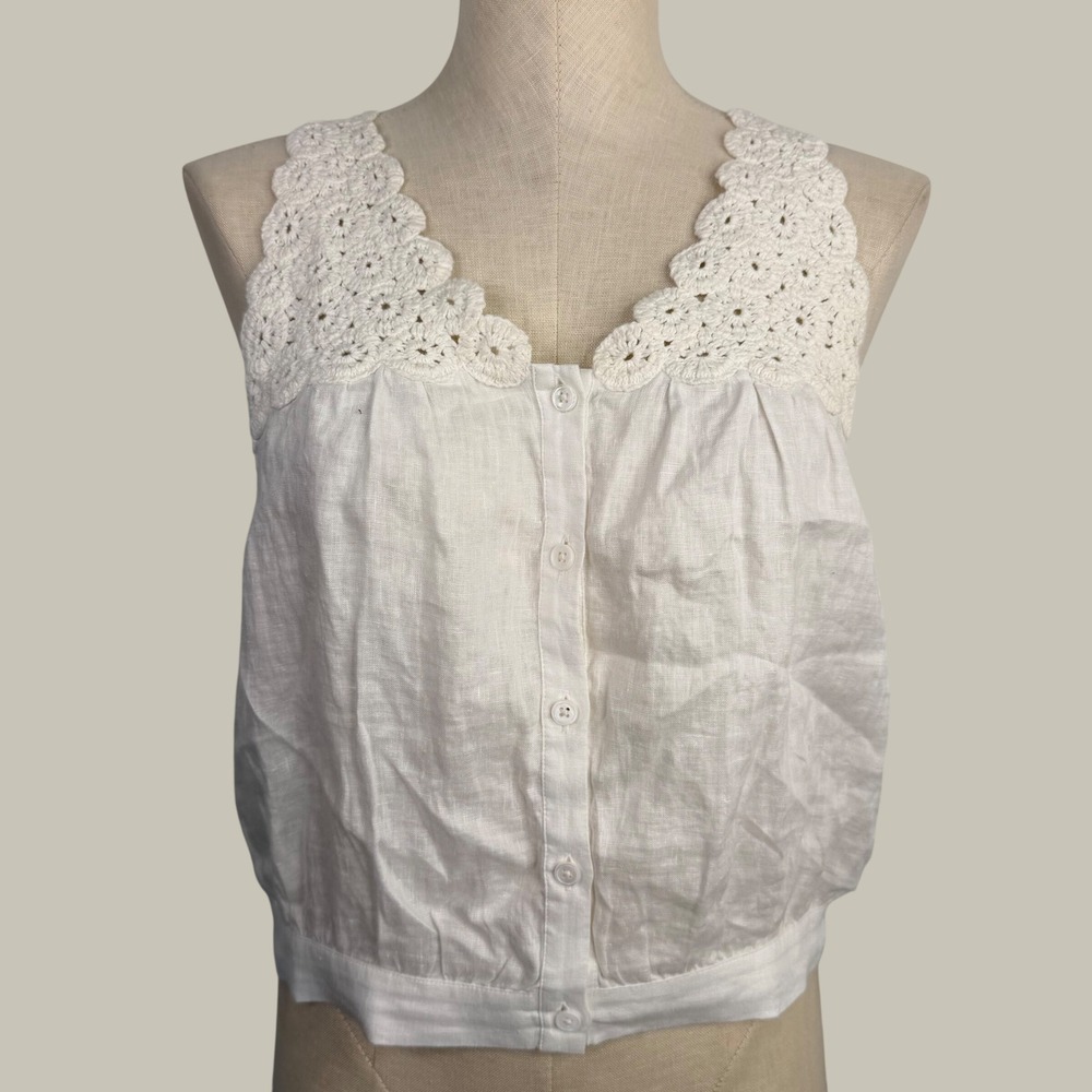 Madewell White Linen Crocheted V Neck Bubble Top Size 8 Medium Cottagecore